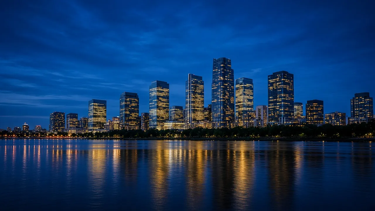 City skyline at blue hour across calm water