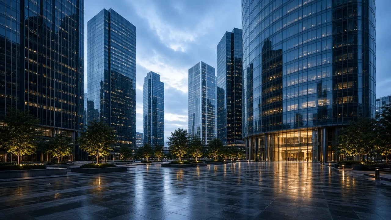 Glass towers in a financial district at dusk
