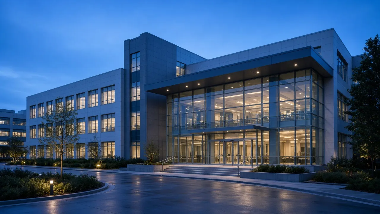 Modern hospital exterior and glass lobby at blue hour