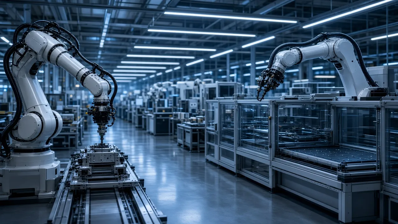 Advanced manufacturing floor with robotic equipment under blue light