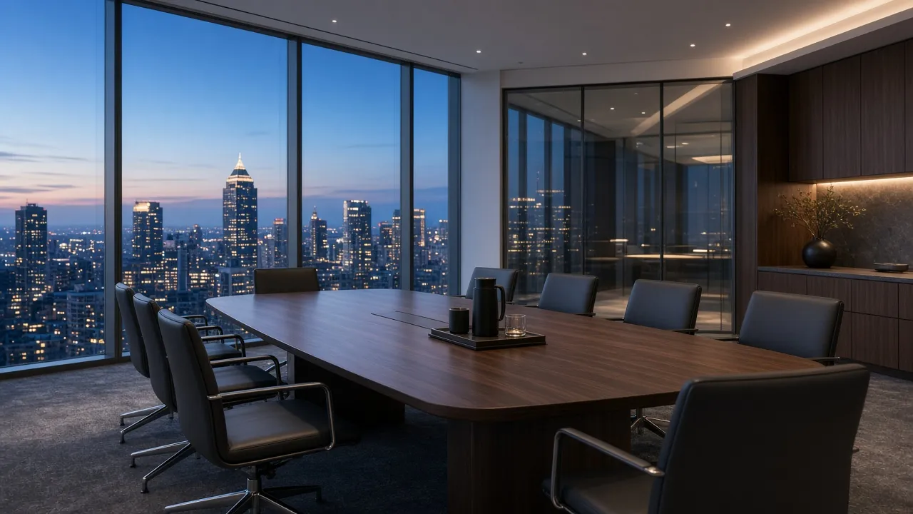 Glass conference room overlooking a city at dusk