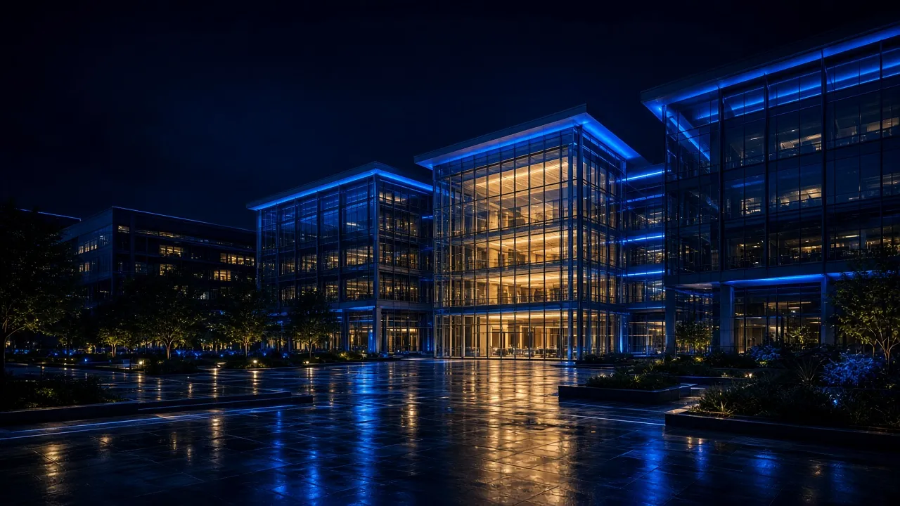 Glass technology campus at night with blue architectural lighting