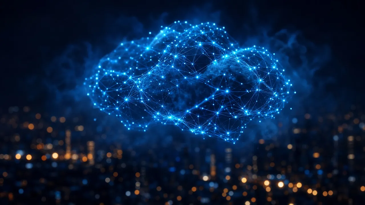 Network of blue light nodes forming a cloud above city lights