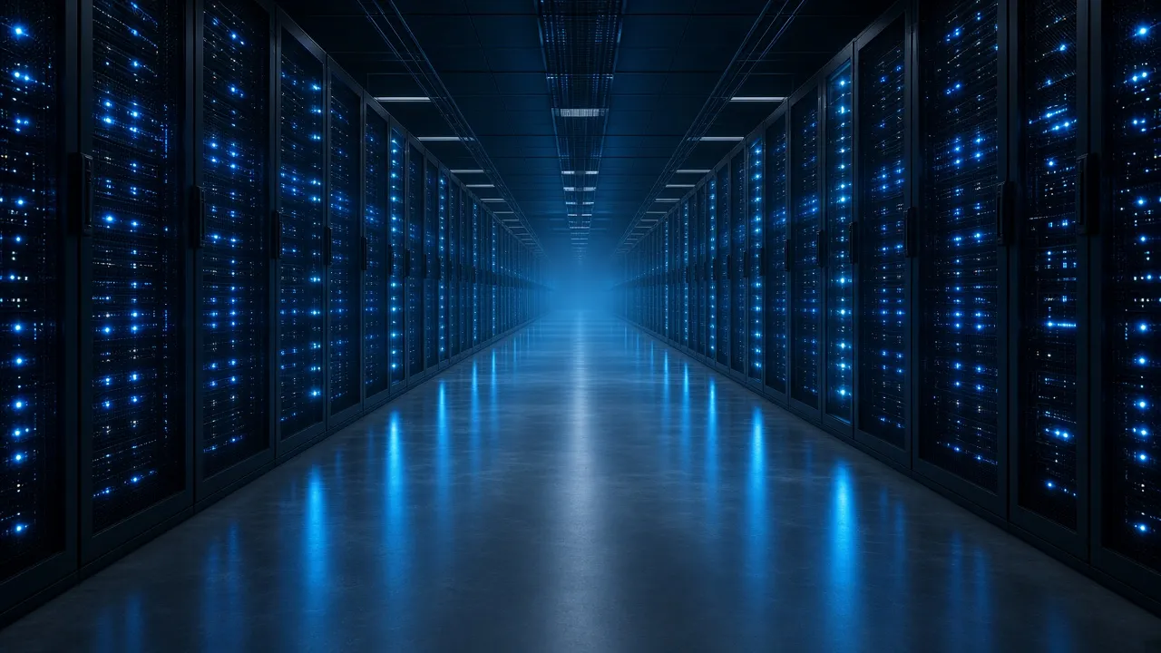 Data center aisle lit with cool blue light